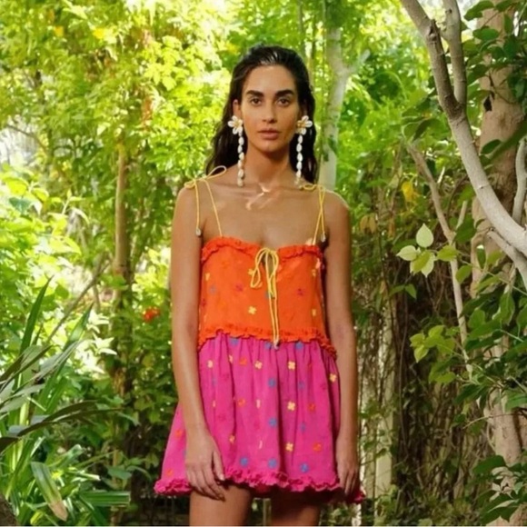 All Things Mochi Dresses & Skirts - All Things Mochi Nia Linen Tiered Embroidered Mini Dress Small Orange and Pink